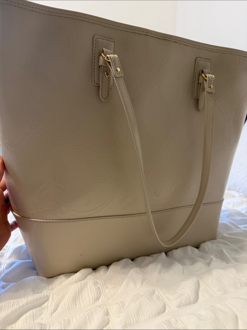 Lauren Ralph Lauren Cream Leather Tote with Embossed Pattern